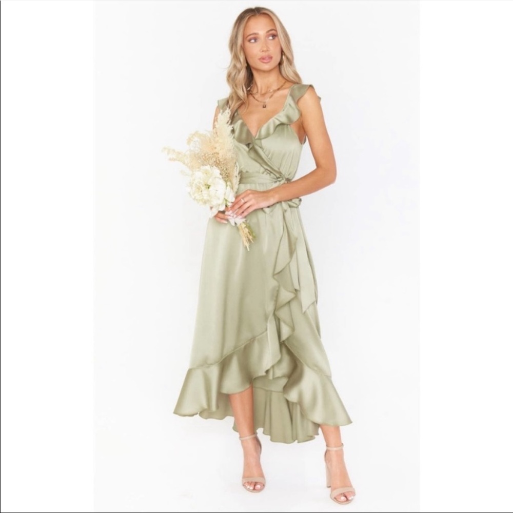 Show Me Your Mumu Samantha Wrap Ruffle Dress Moss Green Luxe Satin small